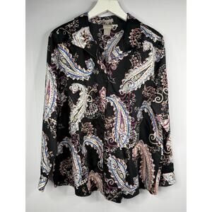 CHICO'S No Iron Button Up Top Blouse Sz 3 16 18 XL Dark Paisley Classic Mature